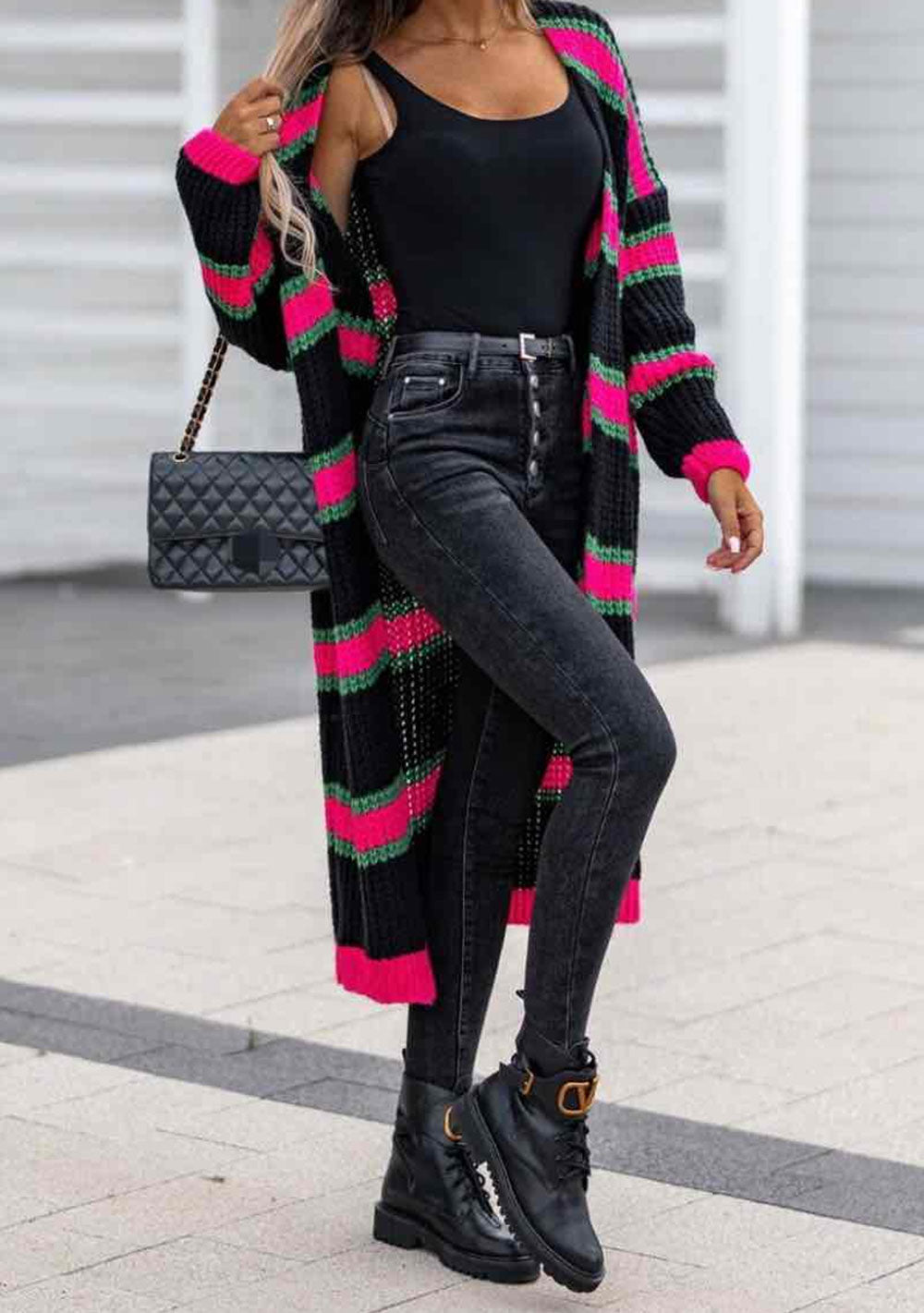 ♡ Lange Strickjacke in Colour-Block-Optik