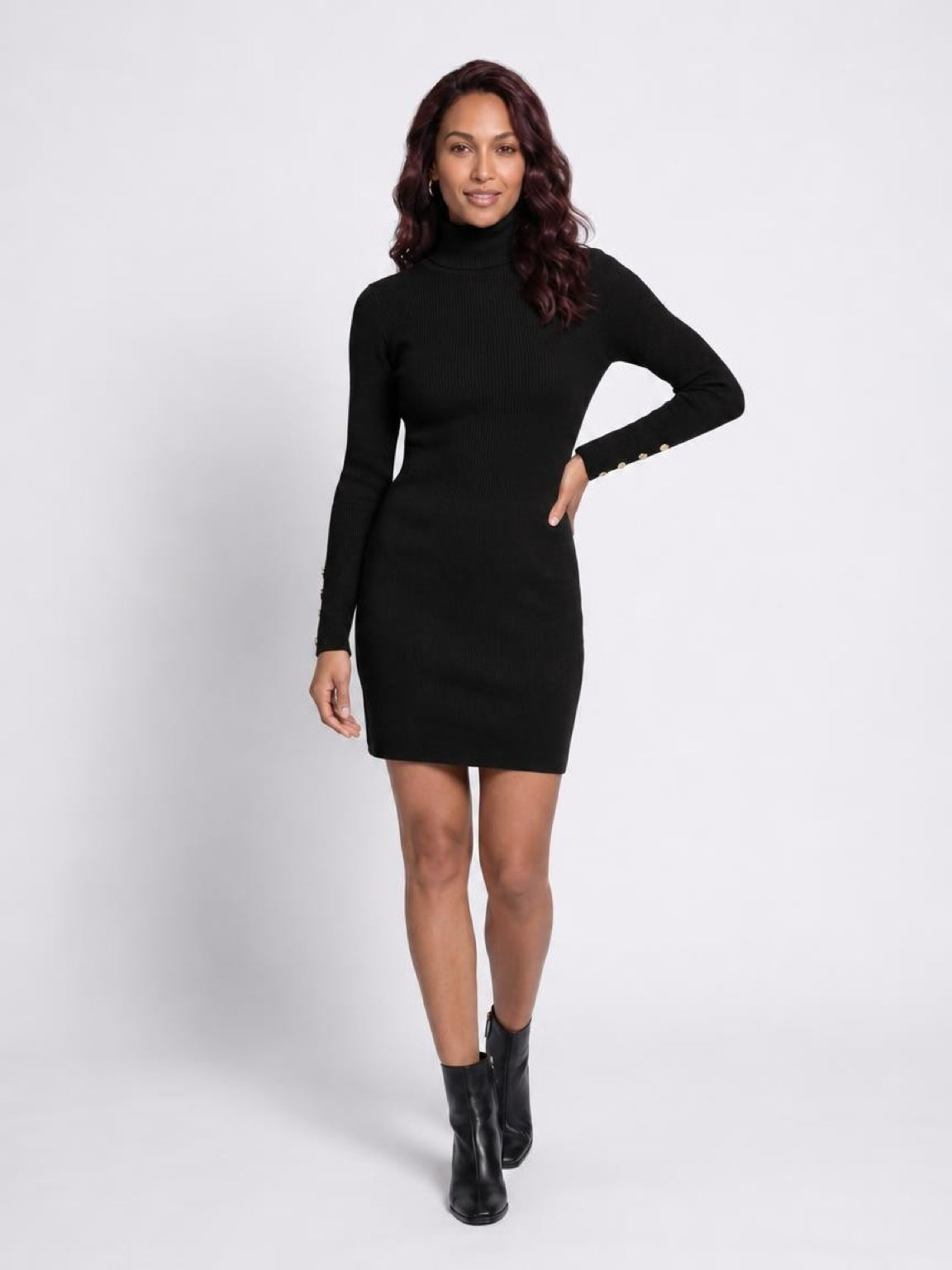 ♡ Rippstrick-Kleid,Stehkragen, Goldknöpfe
