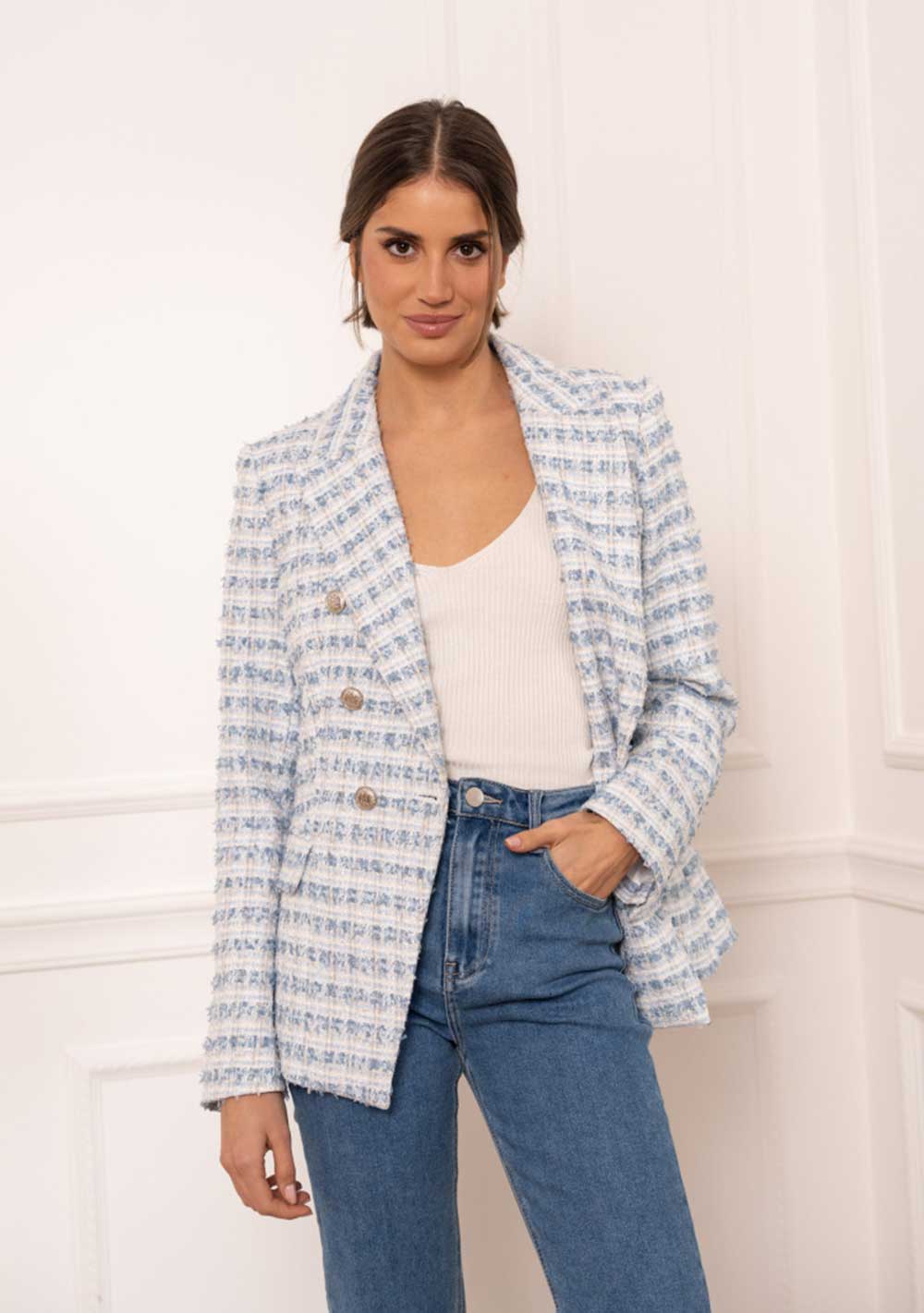 ♡  Doppelreihiger Blazer aus Bouclé, hellblau