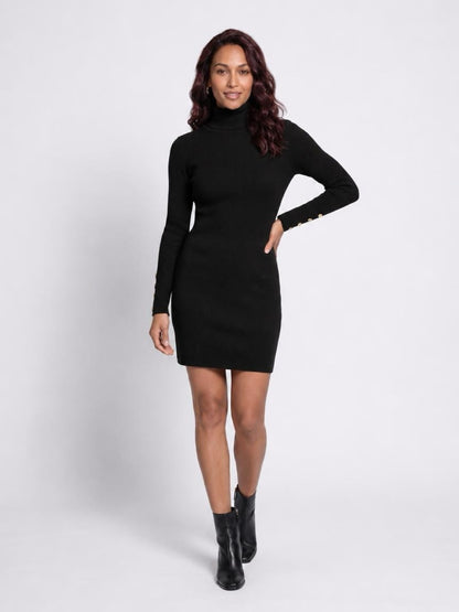 ♡  Rippstrick-Kleid,Stehkragen, Goldknöpfe
